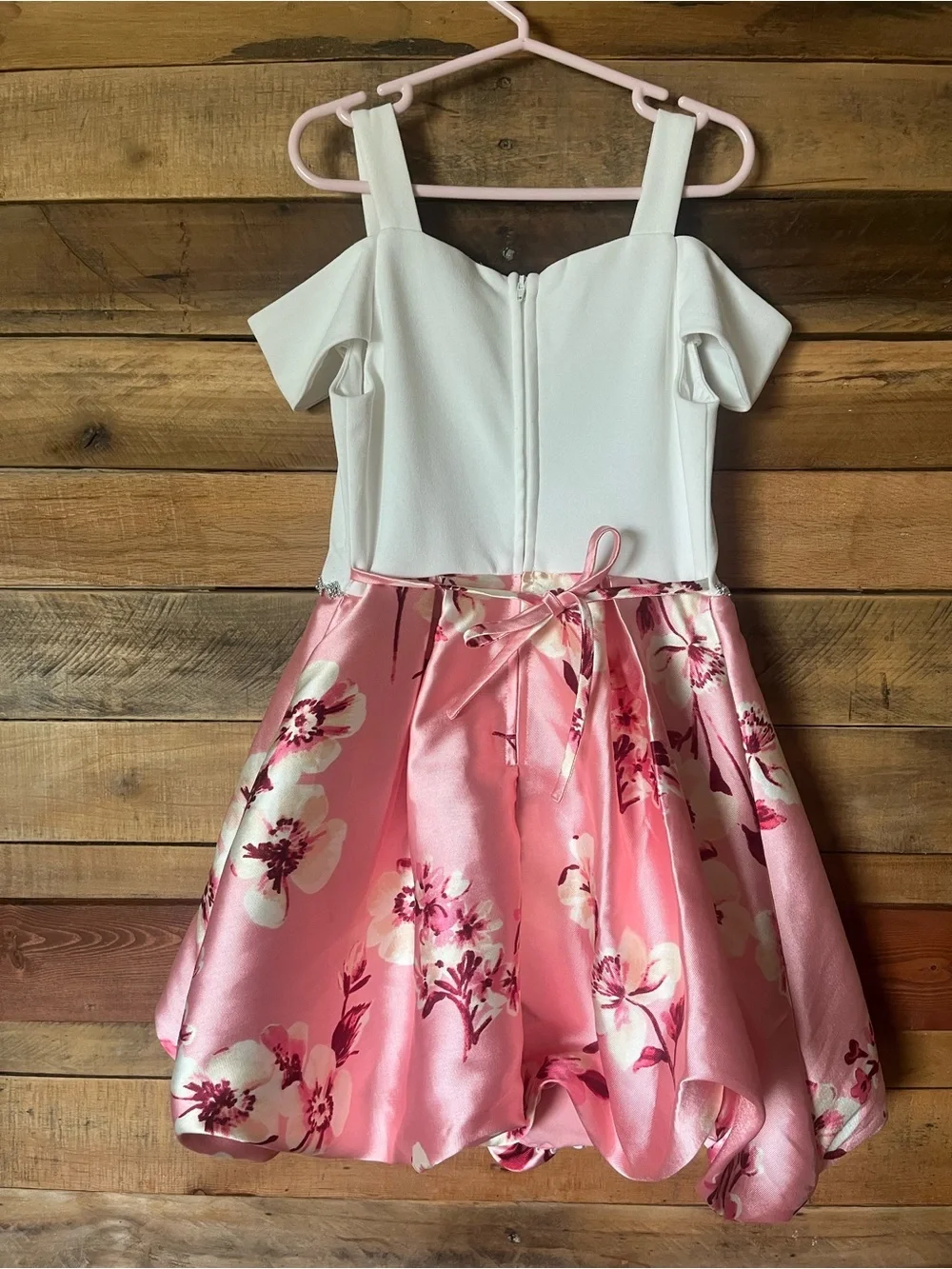 Speechless White Cold-Shoulder Top with Pink Floral Satin Skirt Girls Dress